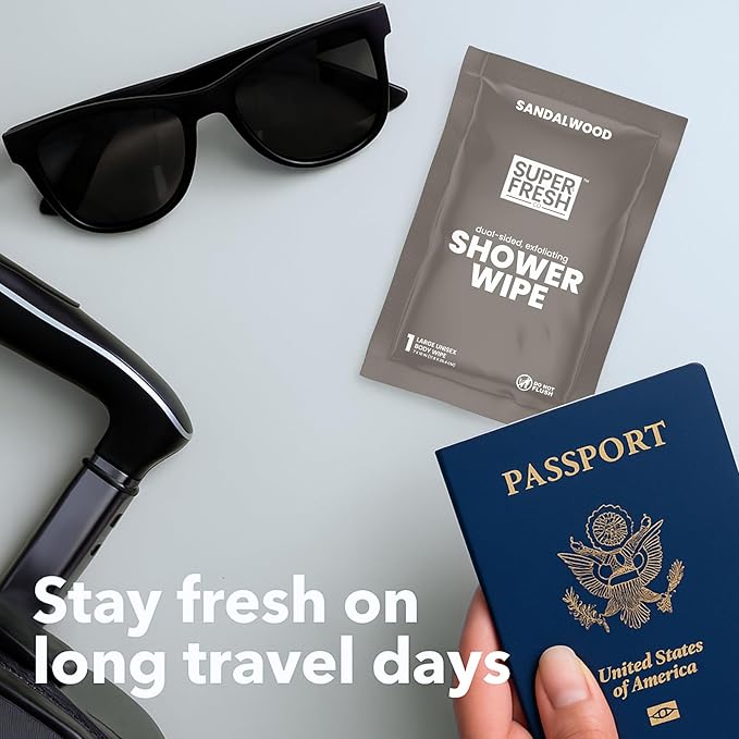 Super Fresh Shower Wipes Large Sandalwood Body Wipes for No Rinse Bathing Personal Hygiene Gym Travel or Camping Enriched with Aloe and Vitamin E 10 Individually Wrapped Disposable Sheets