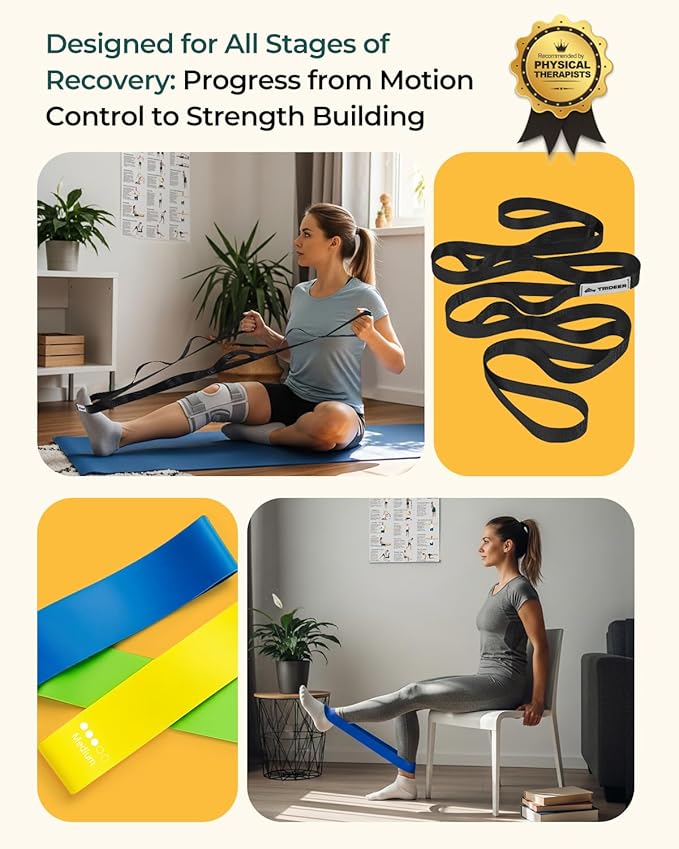 Trideer Stretching Strap & 3PCS Resistance Bands Set – Non-Elastic Stretch Strap & Elastic Bands for Safe Stretching, Mobility, Physical Therapy, Rehab, Recovery, Yoga & Home Exercise