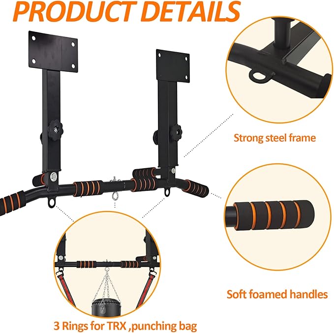 BESTHLS Wall Mounted Pull Up Bar and Dip Station, Heavy Duty Wall Mount Pull-up Chin Up Bar Multifunctional Home Gym Workout Indoor Exercise Equipment Support to 440 Lbs