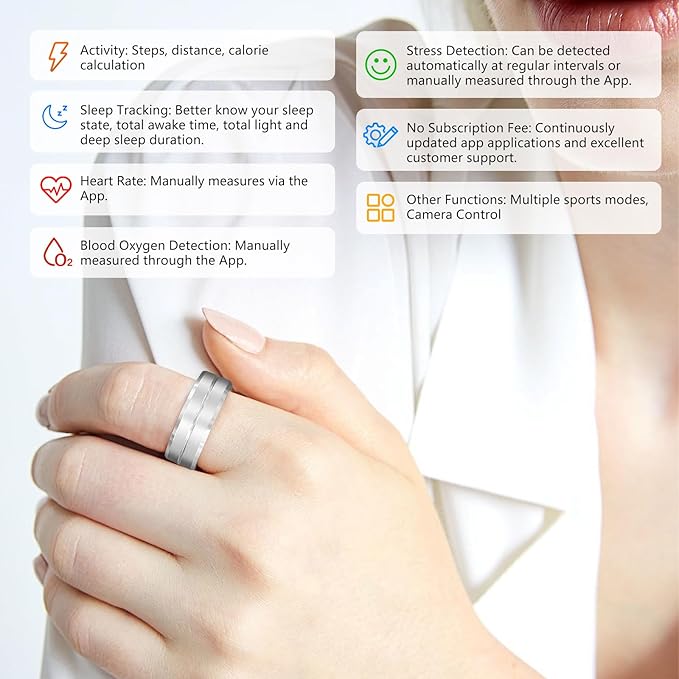 Fitness Tracker Smart Ring,Step Counter,Heart Rate Blood Oxygen Sleep Tracker Health Ring, 6ATM Waterproof Long Battery Life Smart Rings Compatible with iOS & Android （Silver US7-2）