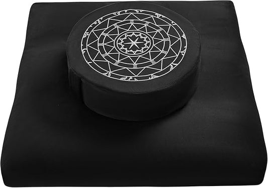 Zafu & Zabuton Meditation Cushion Set - Buckwheat Hull & Memory Foam Pillows, Ergonomic Support for Yoga, Mindfulness - Organic Velvet Cover, Large Size, Durable Comfort (Black)