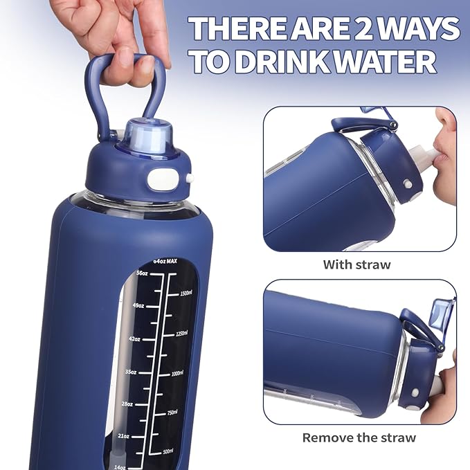 SIEROZUR 42 oz Glass Water Bottle with Straw and Handle, Large Sports Motivational Water Bottle Flask with Time Marker Leakproof Water Jug with Silicone Sleeve for Gym