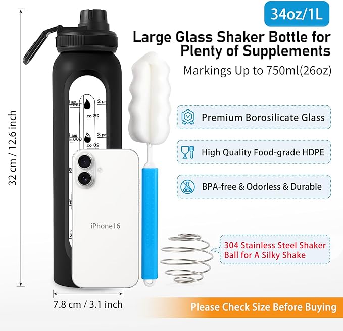 Glass Shaker Bottle 34oz/1L Black Glass Protein Shaker Bottle With Shaker Ball Large Shaker Bottles for Protein Mixes Portable Powder Mixer Blender Water Bottle for Gym Workout Sports