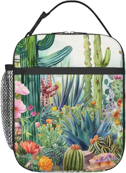 Cactus Lunch Box for Women Adults Kids, Insulated Cooler Lunch Bag for Picnic, School, Office, Travel, Work, Portable Reusable Polyester Tote Thermal Lunch Bags (Cactus & Floral)