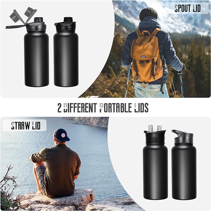 32 oz Insulated Water Bottle Bulk 8 Pack, Stainless Steel Sports Water Bottles with Straw Lid & Wide Mouth Lids, Double Walled Vacuum, Leak Proof, Black
