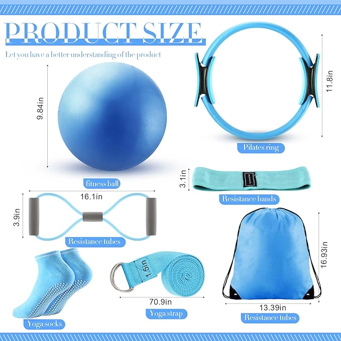 Poen Home Pilates Kit for Women Pilates Equipment Ring and Ball Set with Stretching Strap 8 Resistance Bands Non Slip Socks Gym Back Bags Exercise Equipment for Workout