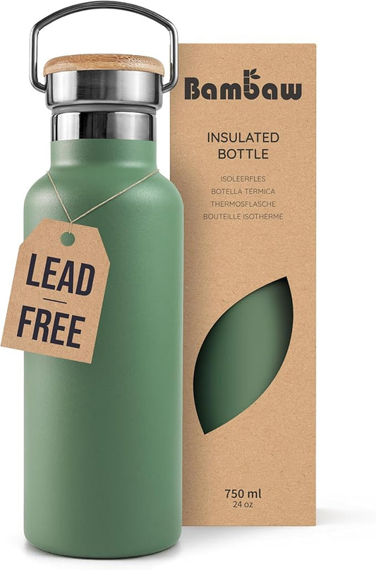 Bambaw 24 oz Insulated Water Bottle, Green Water Bottle Stainless Steel, Refillable Water Bottle, Dishwasher Safe Water Bottle, Metal Water Bottle No Straw, Double Walled Water Bottle – Sage Green