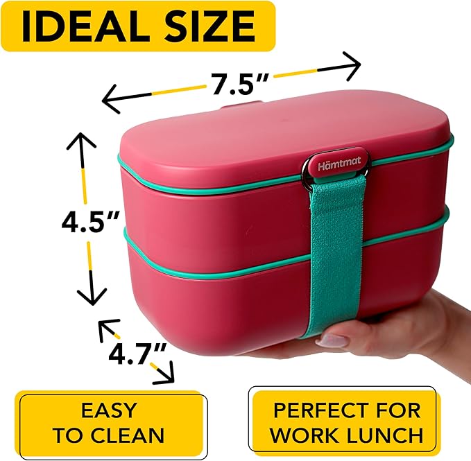 Insulated Stackable Bento Box for Adults with Reusable Chopsticks Japanese Lunch Box Microwavable & Leak Proof Lunch Containers for Men & Women Modern Cute Food Container with Compartments (Red)