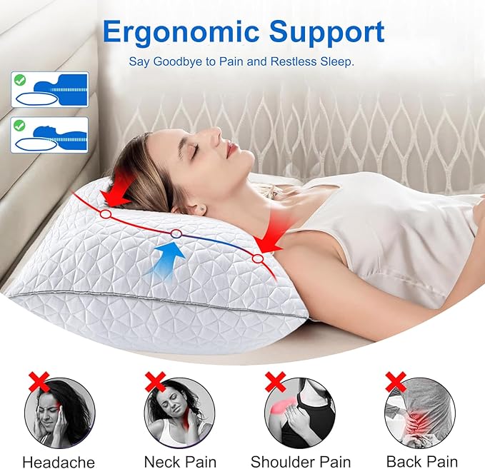 Cooling Pillows Queen Size Set of 2, Shredded Memory Foam Pillows, Adjustable Firm Bed Pillows Cool Cold Pillow for Hot Side Back Stomach Sleepers with Removable Washable Cover, 20" x 30", White