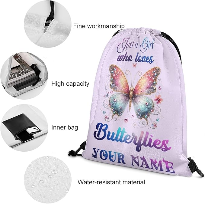 Custom Butterfly Drawstring Backpack - Cute Cinch Sack, String Backpacks for Kids Boys Girls Women Men for Gym Outdoor Sports Travel Athletic Drawstring Bag - Lightweight/Foldable