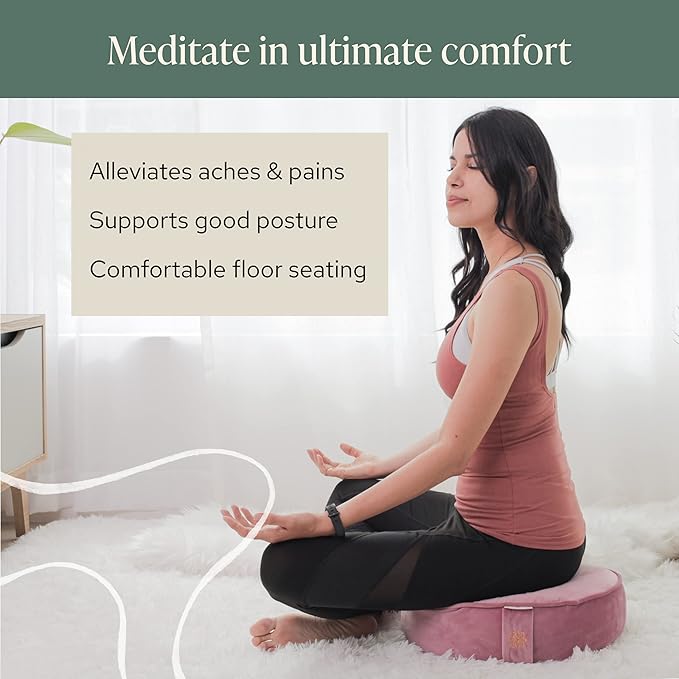 Mindful Modern Velvet Meditation Cushion | Luxe Zafu Yoga Floor Pillow Seat | Posture Support | Buckwheat Hull Filled | Large Round Cushion with Removable Washable Cover + Carry Handle