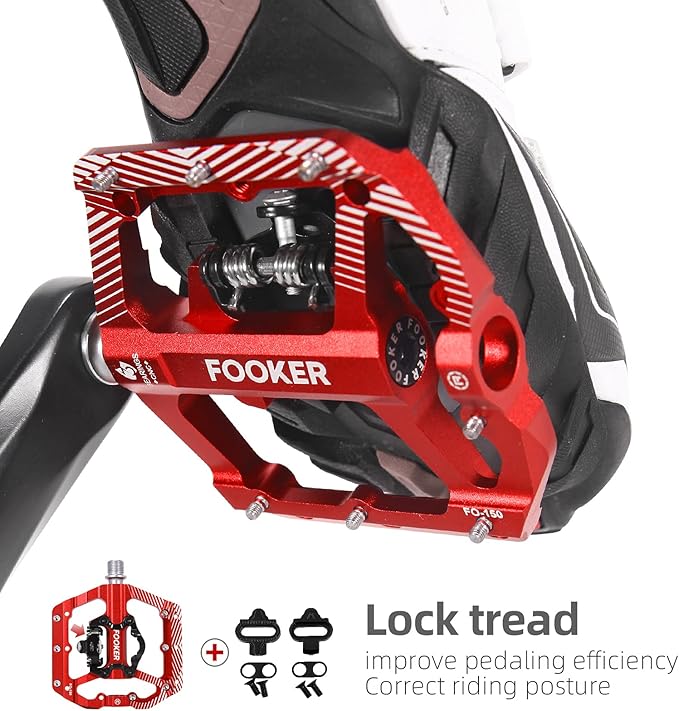 FOOKER MTB Mountain Bike Pedals 3 Bearing Flat Platform Compatible with Dual Function Sealed Clipless Aluminum 9/16" Pedals with Cleats for Road