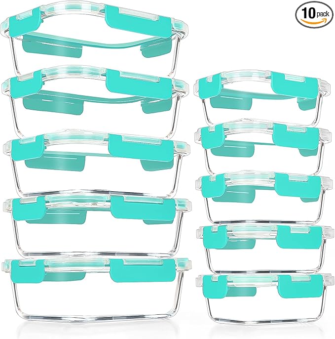 VERONES 10Pack Glass Meal Prep Containers, Airtight Glass Lunch Containers,Stackable Glass Food Storage Containers Set with Lids,Exclusive of BPA, for Microwave,Oven, Freezer&Dishwasher Friendly,Green