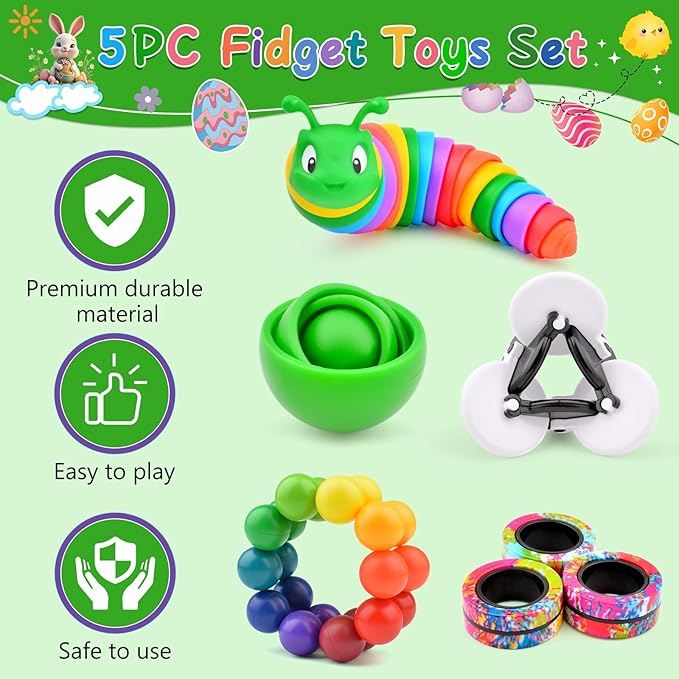 Fidget Toys Adults Pack, Sensory Toys Set for Kids, Fidget Spinner Slug Magnetic Rings, Cool Gadget Gift for Girls Boys Teens ADHD Autism Stress Relief Desk Toy Easter Basket Stuffers