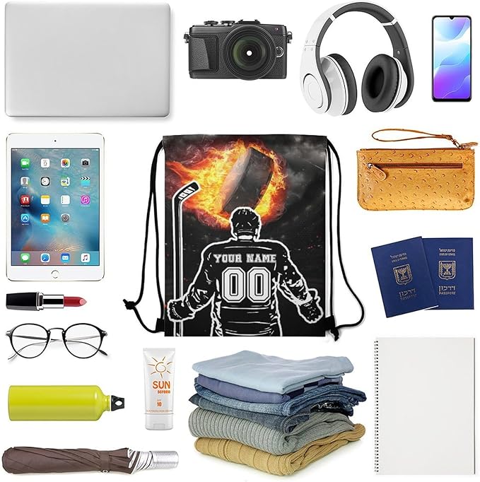 Custom Hockey Drawstring Backpack - Cool Cinch Sack, String Backpacks for Kids Women Men Boys Girls for Gym Outdoor Sports Travel Athletic Drawstring Bag - Lightweight/Foldable