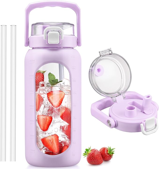 BLUEGO 64oz Glass Water Bottle with Handle and Straw, Motivational Sports Water Bottle with Time Marker and Silicone Sleeve Leakproof Drinking Bottle for Travel Gym Workout, Purple