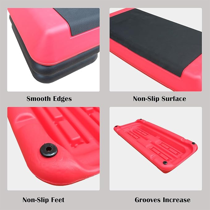 Adjustable Workout Aerobic Exercise Step Platform, Fitness & Exercise Step Platform with 2/4 Stackable Risers for Home Gym Cardio Training(Grey/Red)