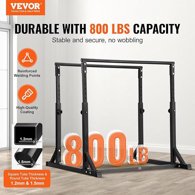 VEVOR Dip Bar, 800 lbs Capacity, Heave Duty Dip Stand Station with Adjustable Height, Fitness Workout Dip Bar Station Stabilizer Parallette Push Up Stand, Parallel Bars for Strength Training Home Gym