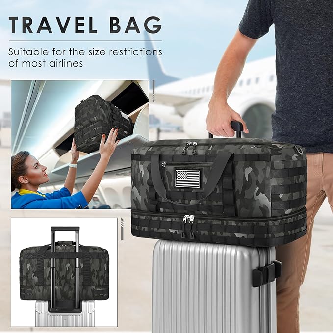 ETRONIK Travel Bag for Men Women, Gym Bag & Tactical Duffle Bags for Travel, Carry on with Toiletry Bag and Shoe Compartment, Weekender Overnight Trip with Wet Pocket for Workout Medical, Black Camo