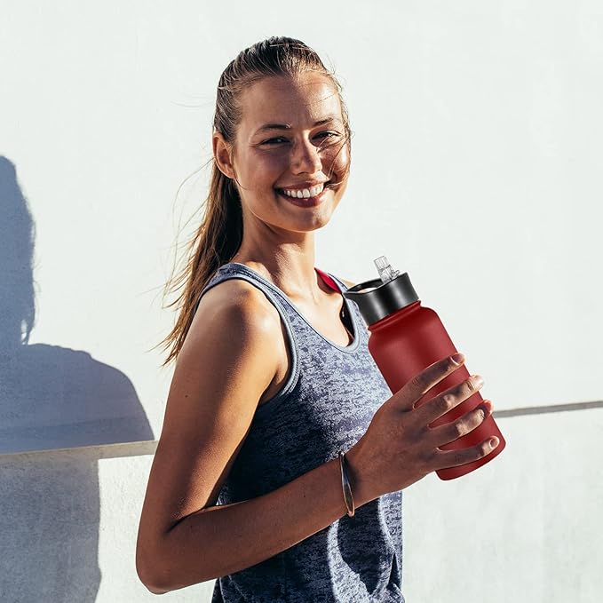 32 oz Insulated Water Bottle with Straw Lid & Wide Mouth Lids, Stainless Steel Sports Water Bottles, Double Walled Vacuum, Leak Proof, Red