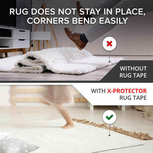 X-Protector Rug Tape - 16 Pcs Set - White Anti-Slip & Anti-Curling Carpet Tape for Hard Floors - Premium Rug Pad Gripper - Ideal Carpet Corner Grippers to Keep Your Carpet in Place & Make Corners Flat