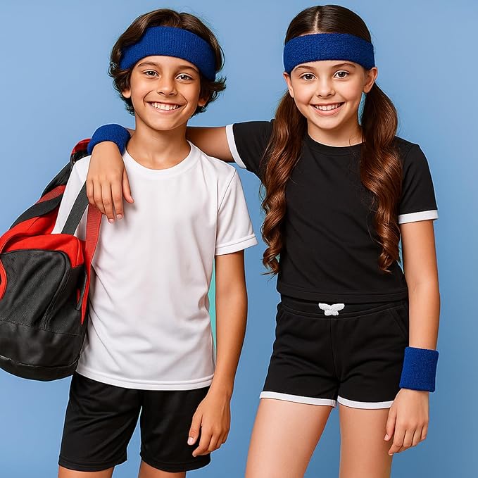 Bememo 36 Pcs Neon Sweatbands Set for Kids Bulk Sports Headband Wristband Set Cotton Terry Basketball Tennis for Students Youth 80s 90s Halloween Costumes Cosplay Glow Party