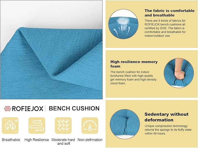 Bench Cushion 42 Inch - Polyester Brushed, High-Density Foam, Non-Slip Bottom, Soft Durable Indoor Tufted Long Seat Cushion for Window Garden Furniture (Cerulean, 42x16x4 Inch)