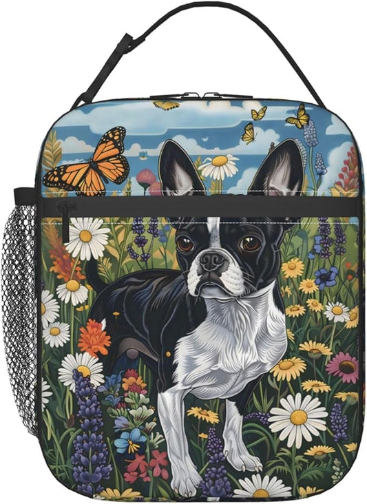 Cute Dog Lunch Box for Kids,Puppy Insulated Bag for Student,Pet Lovers Reusable Thermal Insulation Cooler Tote Bags for School Work Picnic Camping Outdoor Gifts (Boston Terrier and Butterfly)