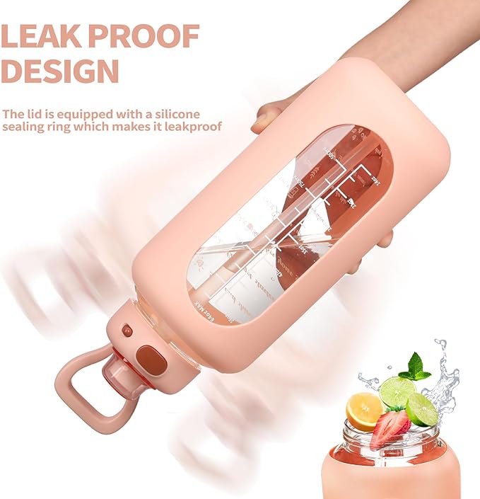 SIEROZUR 42 oz Glass Water Bottle with Straw and Handle, Large Sports Motivational Water Bottle Flask with Time Marker Leakproof Water Jug with Silicone Sleeve for Gym