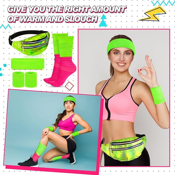Tarpop 80s Neon Women Slouch Socks 90s Headbands Wristbands Fanny Pack Leg Warmers Sweatbands Waist Bag Women Party Costume