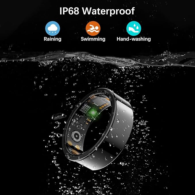 Smart Health Ring for Women Men, Fitness Tracker Ring with Heart Rate, Blood Oxygen, Sleep Tracker, Step Tracker, No Subscription Fee, IP68 Waterproof Smart Ring for iPhone & Android (Black, 7#)