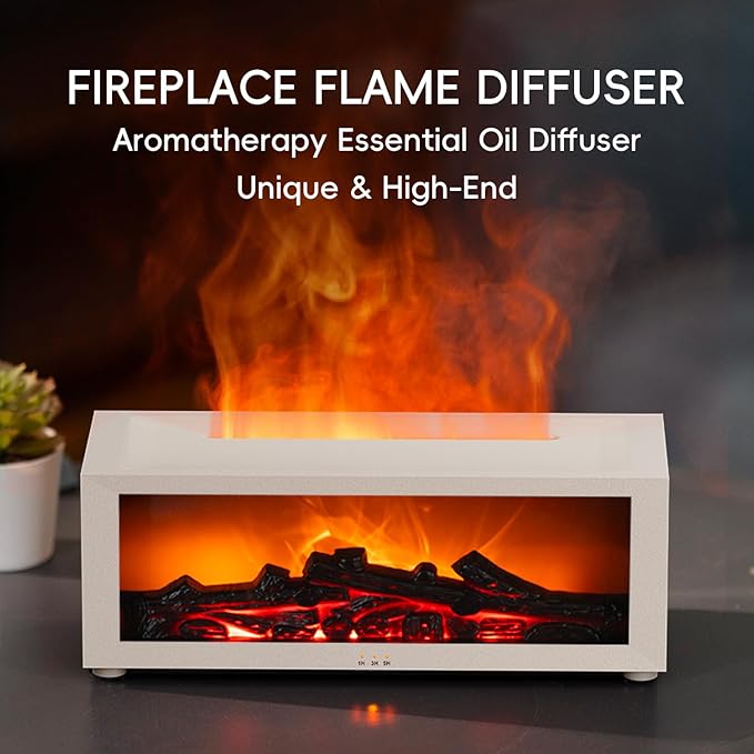 Essential Oil Diffuser, 7 Colors Fireplace Fire Flame Aromatherapy Diffuser, 150ml Ultrasonic Humidifier, Scent Aroma Diffuser with Remote Control & Timer for Home,Bedroom,Office,Yoga (White)