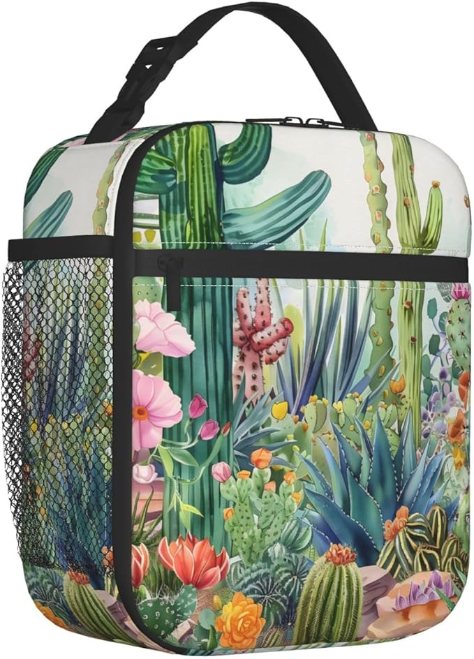 Cactus Lunch Box for Women Adults Kids, Insulated Cooler Lunch Bag for Picnic, School, Office, Travel, Work, Portable Reusable Polyester Tote Thermal Lunch Bags (Cactus & Floral)