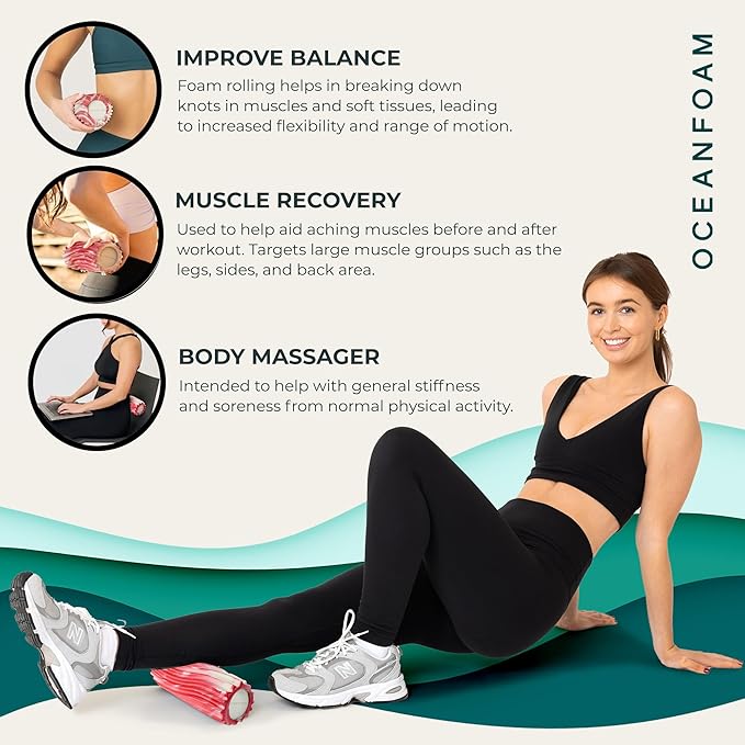 Oceanfoam Ripple Travel Foam Roller (11" x 3.35") Firm Mini Foam Roller for Physical Therapy, Deep Tissue Massage, Back Pain - High Density, Ergonomic Wave Textured - Yoga, Exercise (Red Marbled)