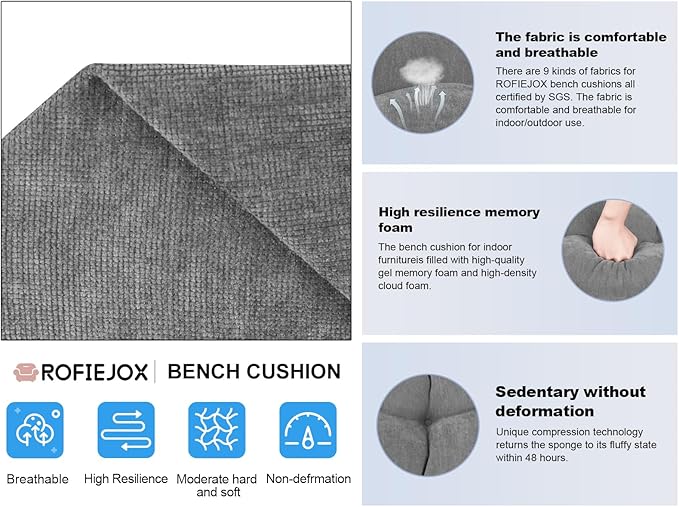 Bench Cushion 48 Inch - Chenille Fabric, High-Density Foam, Non-Slip Bottom, Soft Durable Indoor Tufted Long Seat Cushion for Window Garden Furniture (Gray, 48x16x4 Inch)