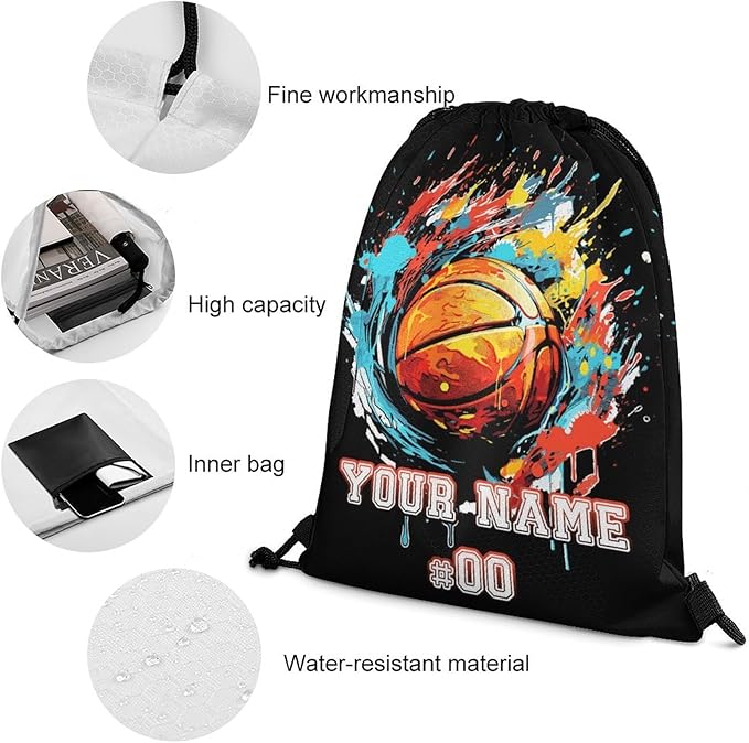 Custom Basketball Drawstring Backpack - Cool Cinch Sack, String Backpacks for Kids Women Men Boys Girls for Gym Outdoor Sports Travel Athletic Drawstring Bag - Lightweight/Foldable
