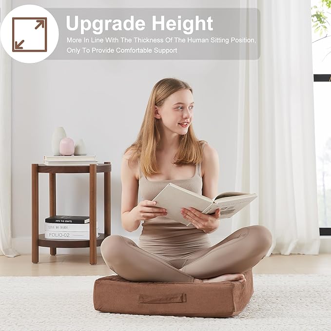 2 Pcs High Density Foam Floor Pillow - Upgraded Large Pillows Seating for Adults - Outdoor Floor Cushion with Soft Tufted Cover - Yoga Pillows for Sitting On Floor - 22 Inch Coffee