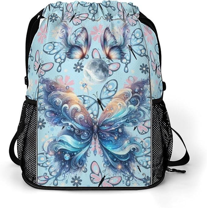 Butterfly Drawstring Backpack - Cute Cinch Sack, String Backpacks with Pocket for Kids Boys Girls Women Men for Gym Outdoor Sports Travel Athletic Drawstring Bag - Lightweight/Foldable