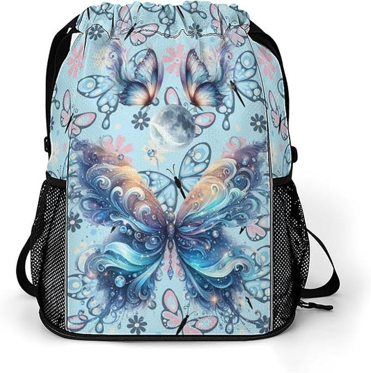 Butterfly Drawstring Backpack - Cute Cinch Sack, String Backpacks with Pocket for Kids Boys Girls Women Men for Gym Outdoor Sports Travel Athletic Drawstring Bag - Lightweight/Foldable