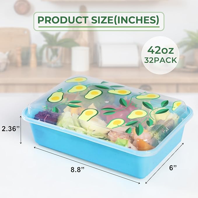 32 Pack 42 oz Meal Prep Containers, Reusable Plastic Food Prep Storage Containers with Printed Lids, Stackable, Leakproof, Microwave & Freezer & Dishwasher Safe,To Go Take Out Box, Avocado