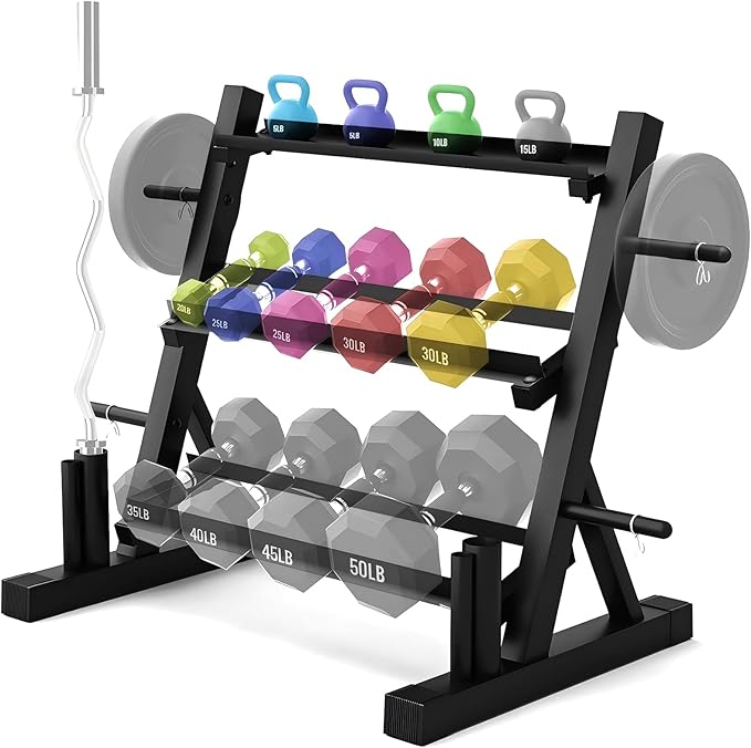 PENSUN 1200LBS Dumbbell Rack – 3 Tier Adjustable Weight Storage Stand with Side Barbell Plate Holder – Multi Purpose Home Gym Organizer for Dumbbells, Kettlebells, Barbell – Heavy Duty Alloy Steel