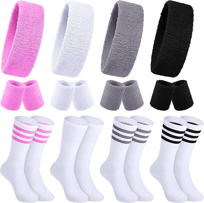 Hillban 80s Workout Outfit 80s Accessories for Women Men Neon Sweatbands Headbands for Tennis Volleyball Sport