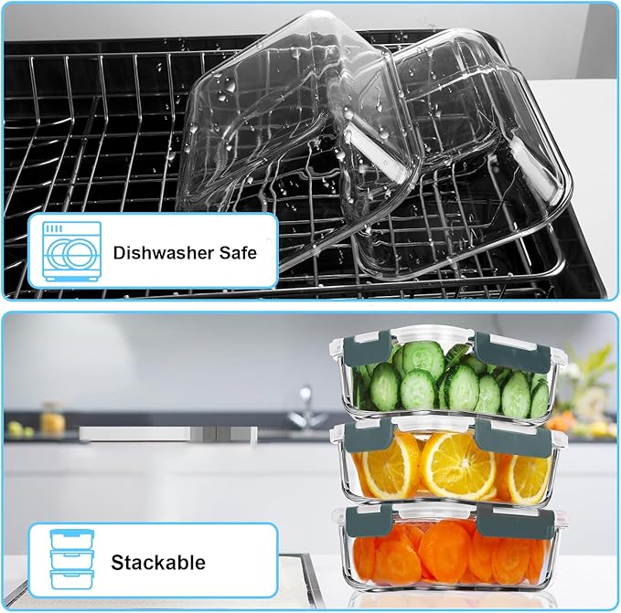 VERONES 5 Pack 36 OZ Glass Meal Prep Containers, Airtight Glass Lunch Containers Set, Glass Food Storage Containers with Lids,Exclusive of BPA, for Microwave, Oven, Freezer & Dishwasher Friendly,Grey