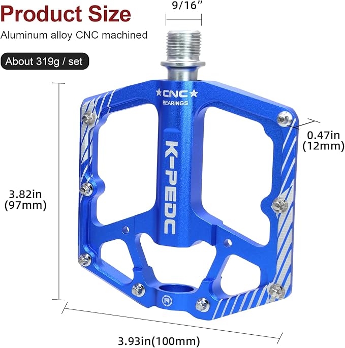 Bike Pedal Aluminum Alloy 9/16" Bike Pedal MTB Wide Platform Flat Non-Slip Bicycle Pedals with 3 Bearings for Mountain Bikes, Road, BMX