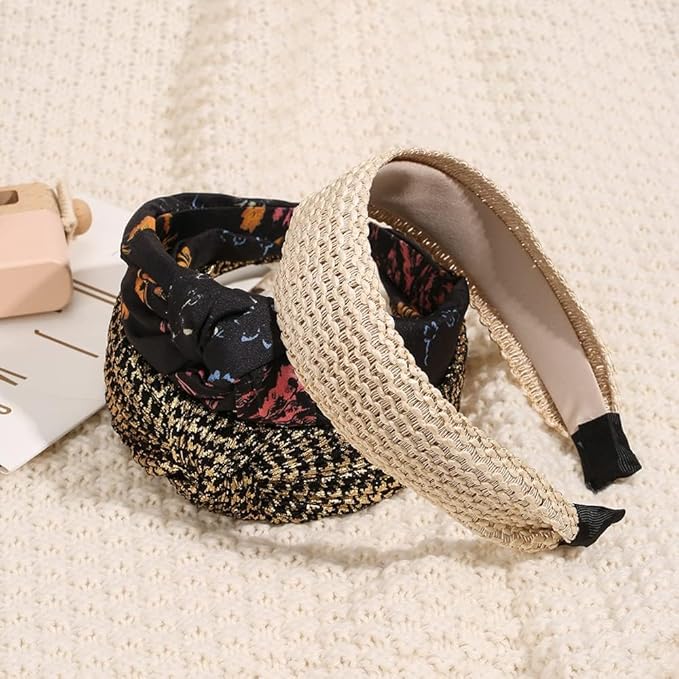 Madison Tyler Headbands for Women | Fashion Boho Headbands Top Knotted With Rhinestones Elastic Workout Hairbands | Outdoor and Party Headbands for Women Non Slip. (BLACK AND GOLD LACE)