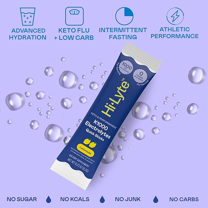 Hi-Lyte K1000 Electrolytes Sticks Lemonade Keto & Performance, 30 Servings - 1000mg Potassium + Magnesium, Sodium, Trace Minerals - 0 Carbs, 0 Sugar