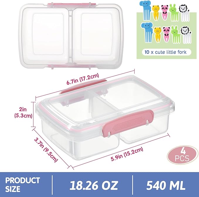 4 Pack Plastic Snack Containers with Lids, 2 Compartment Food Container for Kids Snack Box, Travel Bento Lunch Containers with forks for Fruits/Candies, Divided Food Storage Containers for School