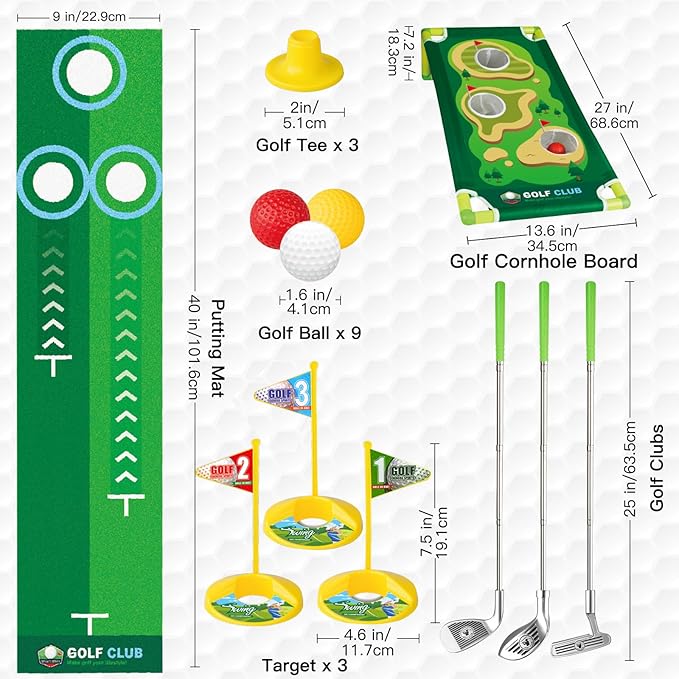 Toddler Golf Set for Boys Girls 3-6, Retractable Kids Golf Clubs with Cornhole Board & Putting Mat, Outdoor Indoor Sports Training Toy for Birthday Gifts
