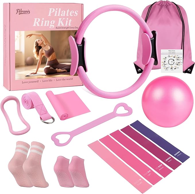 Home Pilates Essentials Kit for Women Pink Ring and Ball Pilates Set Equipment, Magic Circle with 5 Resistance Bands Premium Accessories Kits for Starter Toning Workouts at Home