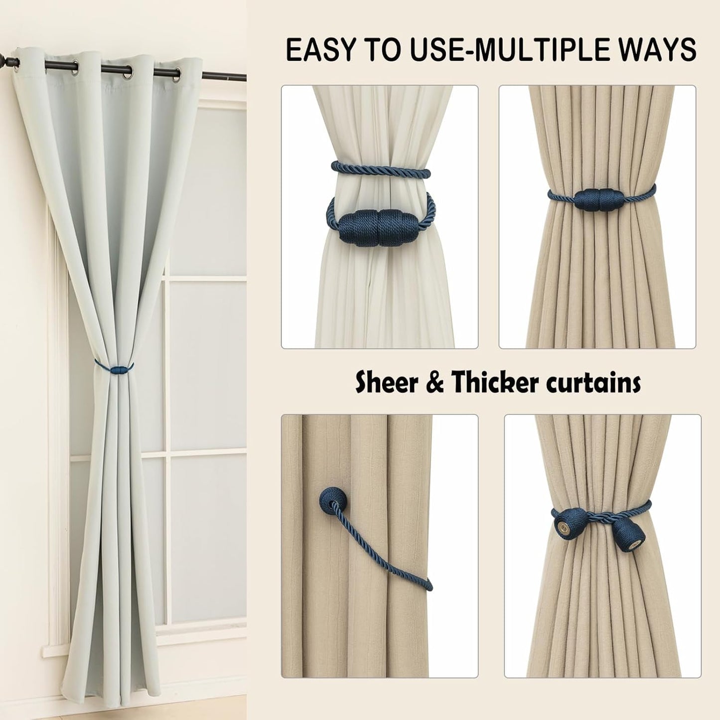 Magnetic Curtain Tiebacks - Rope Tiebacks for Curtains & Drapes, Decorative Window Holdbacks (4 Pack, Blue)